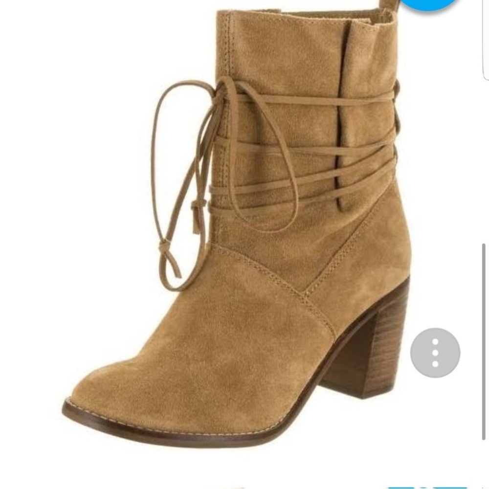 Toms Mila Toffee Wrap Laces Suede stacked Block 3” Heel Boots 10 Pristine $98 - Picture 12 of 14